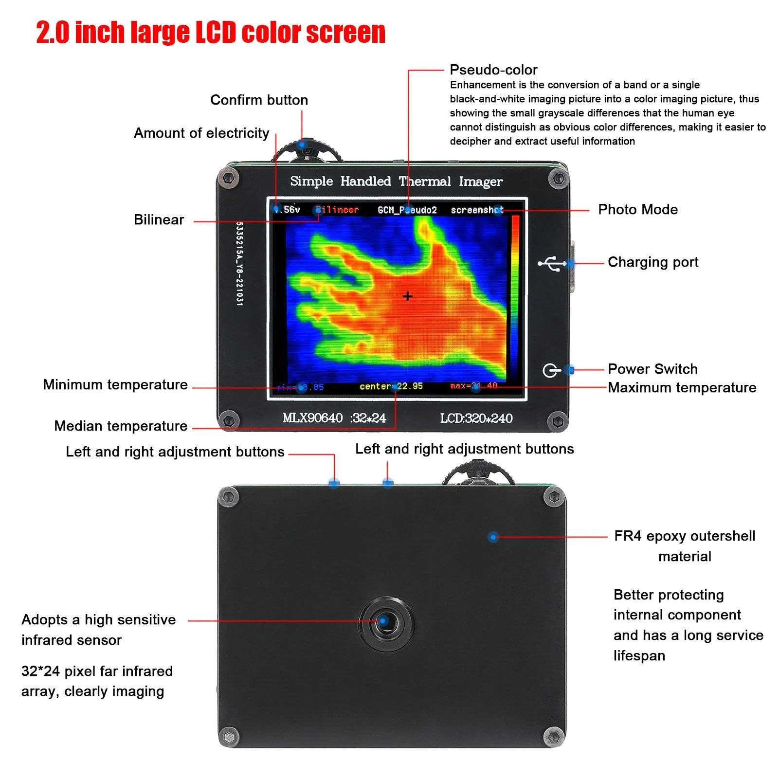 24 * 32 Pixel Infrared Sensor Simple Thermal Imager 2.0inch LCD 240*320 Resolution Clear Definition Imaging Camera -40 to 300