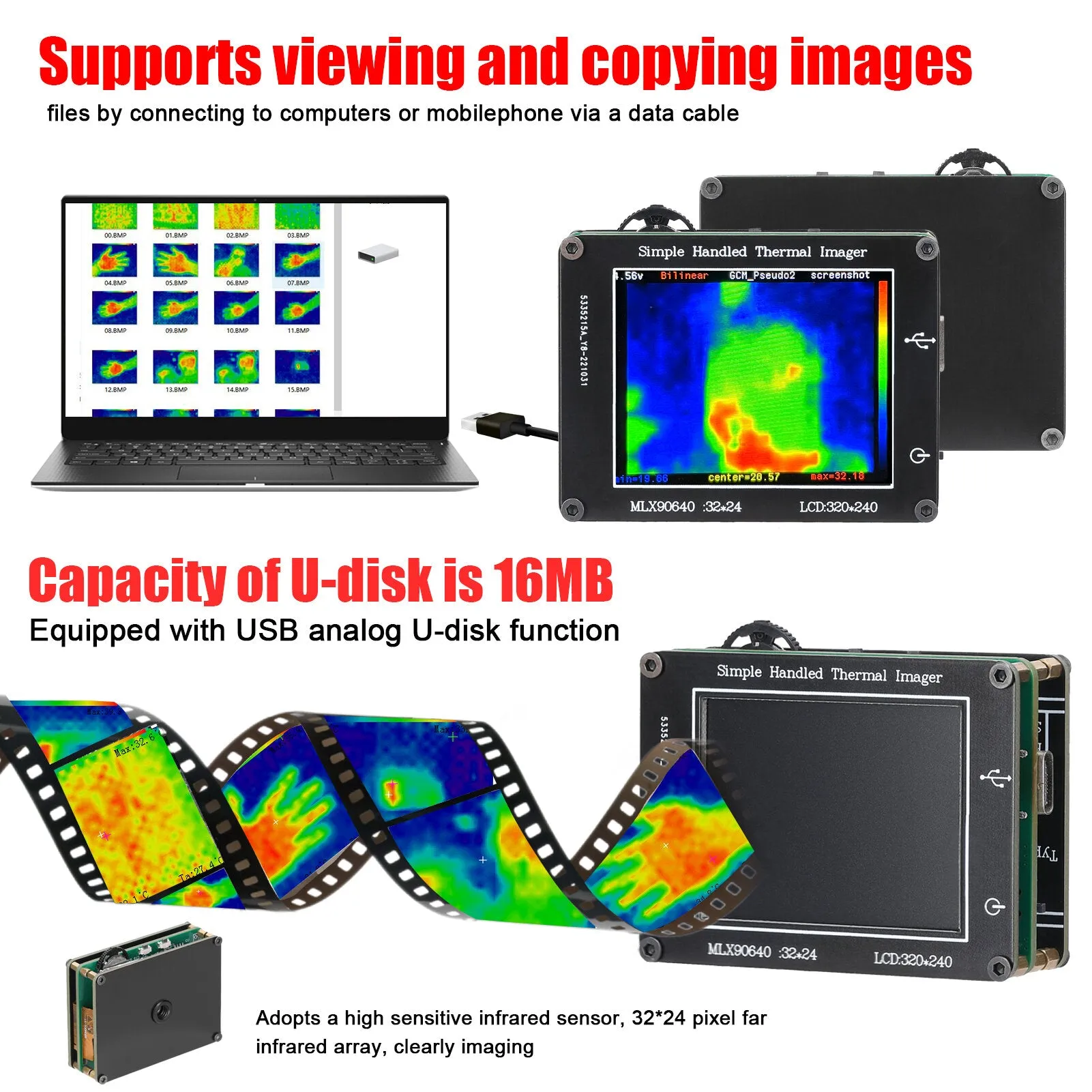 24 * 32 Pixel Infrared Sensor Simple Thermal Imager 2.0inch LCD 240*320 Resolution Clear Definition Imaging Camera -40 to 300