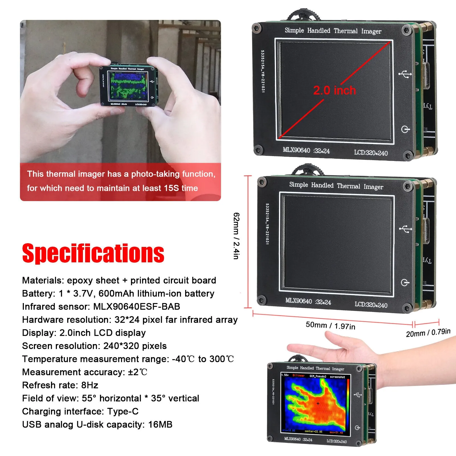 24 * 32 Pixel Infrared Sensor Simple Thermal Imager 2.0inch LCD 240*320 Resolution Clear Definition Imaging Camera -40 to 300