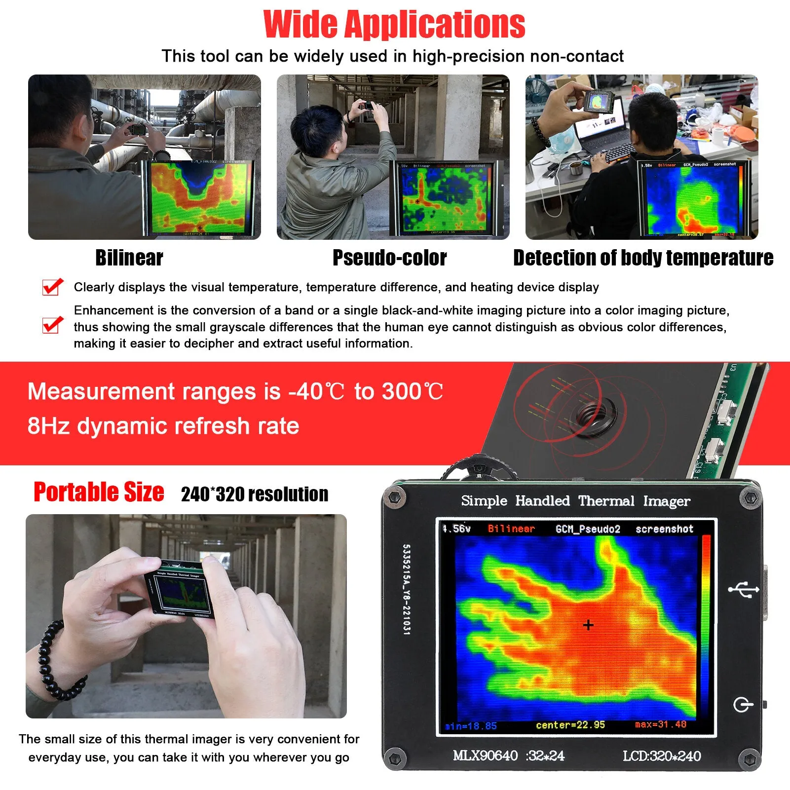 24 * 32 Pixel Infrared Sensor Simple Thermal Imager 2.0inch LCD 240*320 Resolution Clear Definition Imaging Camera -40 to 300