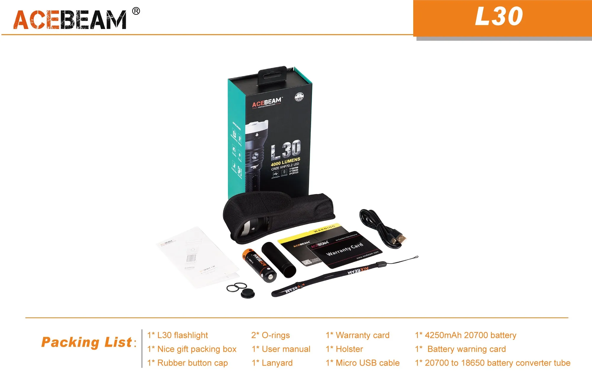 Acebeam L30 CREE XHP70.2 LED 4000 Lumen Rechargeable Flashlight Searchlight