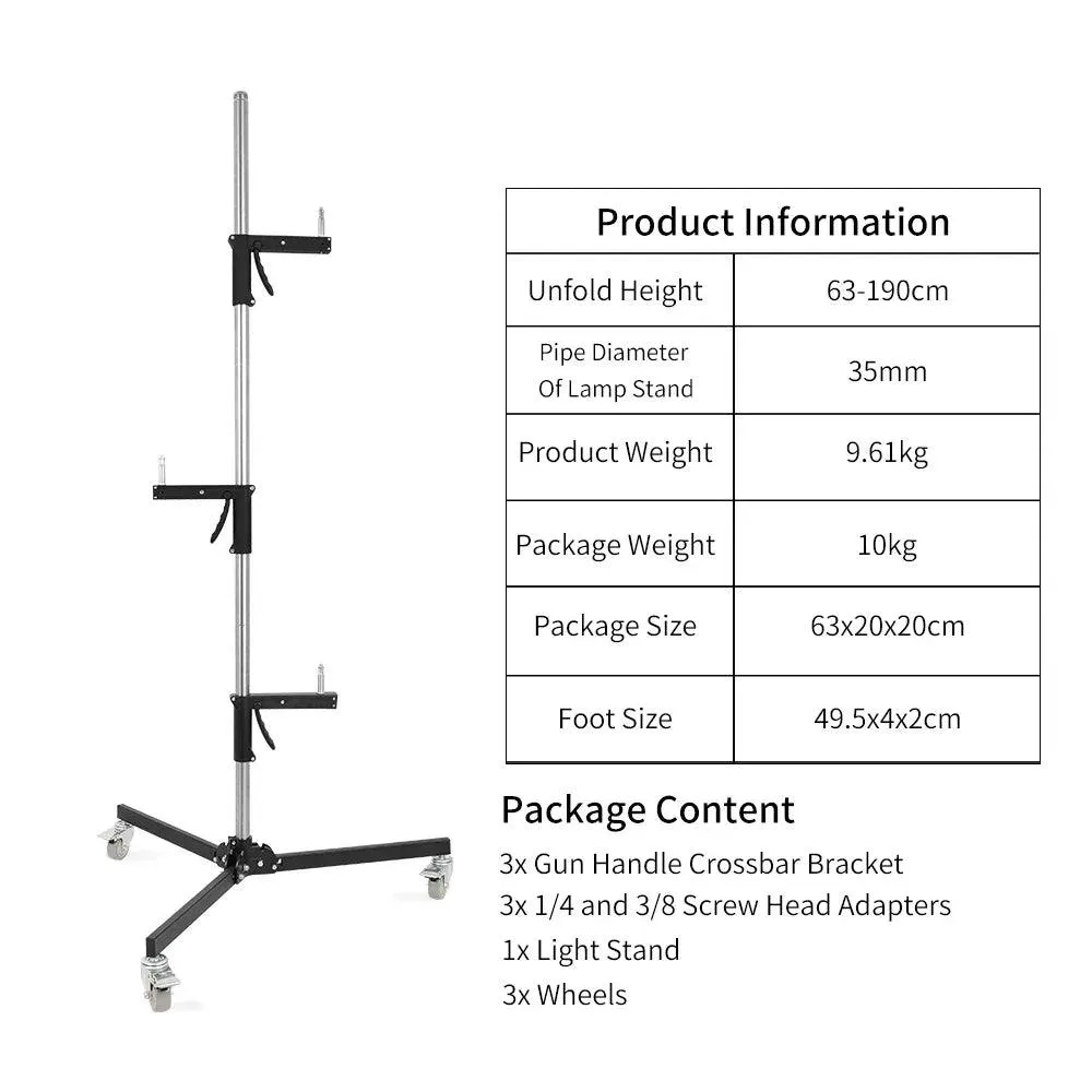 Adjustable Height Gun Grip Light Stand with Wheels and Tripod - LED Softbox Support
