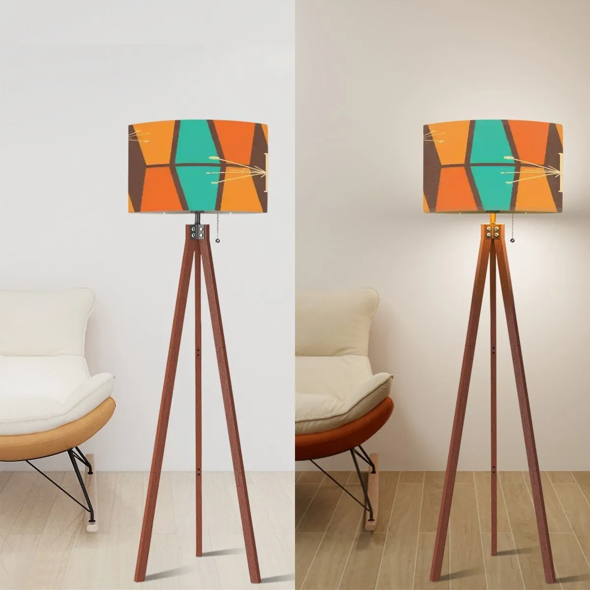 Atomic Starburst Mid Century Modern Tripod Floor Lamp, Retro 50s, Vintage Orange Teal Geometric Shade Accent Lighting