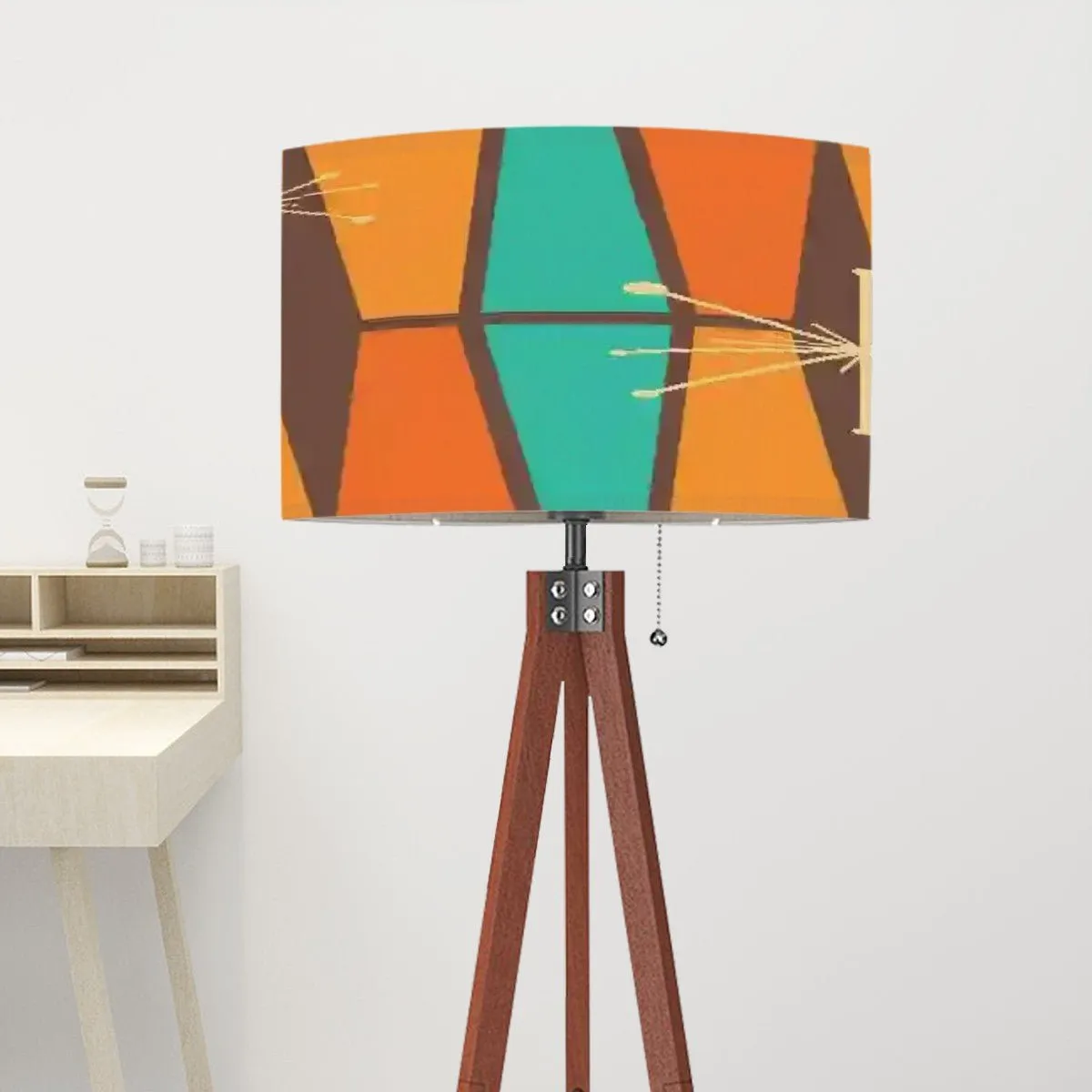 Atomic Starburst Mid Century Modern Tripod Floor Lamp, Retro 50s, Vintage Orange Teal Geometric Shade Accent Lighting