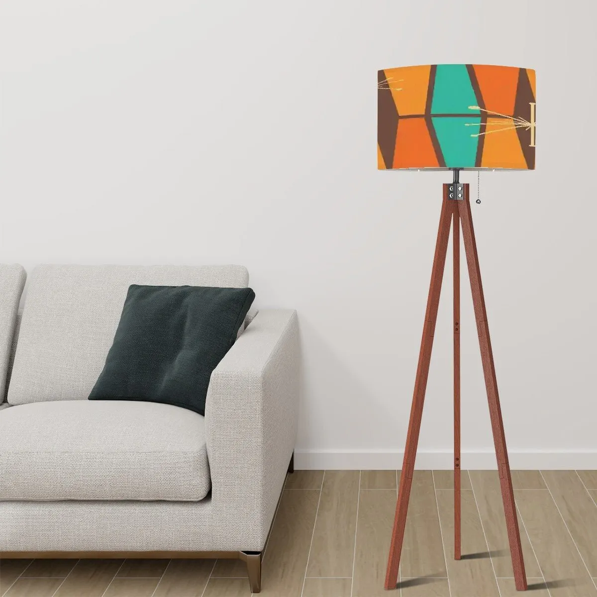 Atomic Starburst Mid Century Modern Tripod Floor Lamp, Retro 50s, Vintage Orange Teal Geometric Shade Accent Lighting