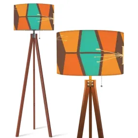 Atomic Starburst Mid Century Modern Tripod Floor Lamp, Retro 50s, Vintage Orange Teal Geometric Shade Accent Lighting
