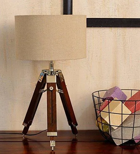 Beverly Studio 12 Inches Beige Drum Shade Sheesham 12 Inches High Wooden Tripod Lamp
