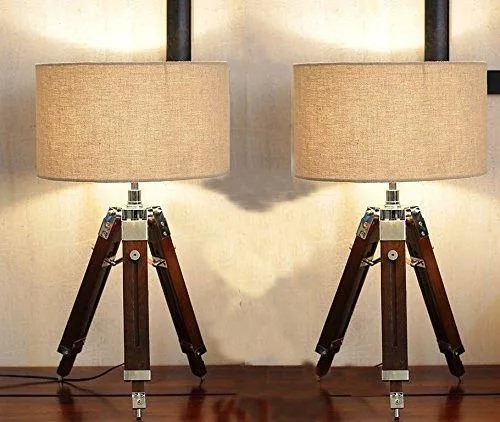 Beverly Studio 12 Inches Beige Drum Shade Sheesham 12 Inches High Wooden Tripod Lamp