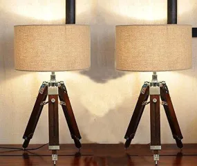 Beverly Studio 12 Inches Beige Drum Shade Sheesham 12 Inches High Wooden Tripod Lamp
