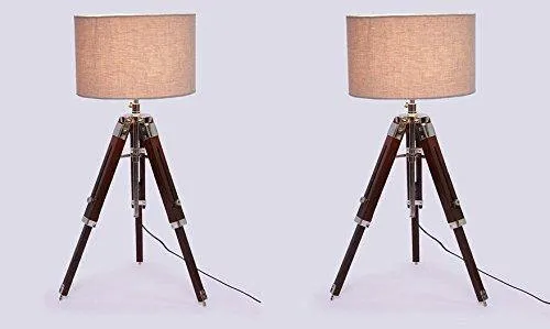 Beverly Studio 12 Inches Beige Drum Shade Sheesham 12 Inches High Wooden Tripod Lamp