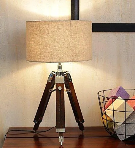 Beverly Studio 12 Inches Beige Drum Shade Sheesham 12 Inches High Wooden Tripod Lamp