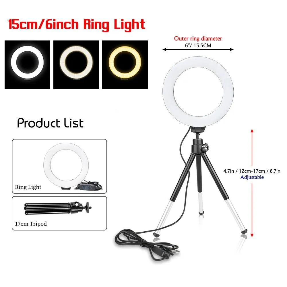 Dimmable USB Ring Light with Adjustable Tripod Stand for Professional Selfie and Studio Photography