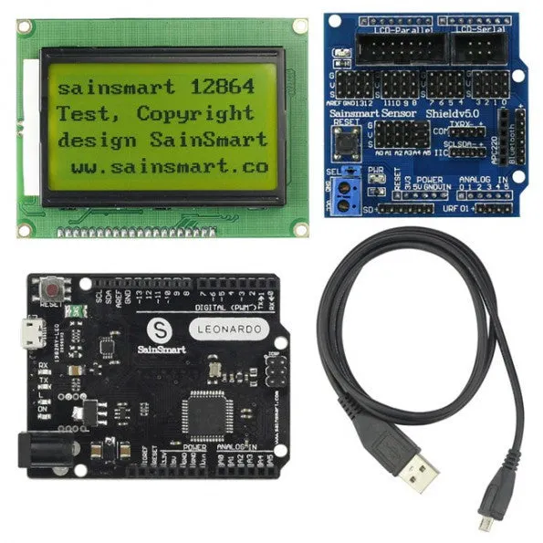 [Discontinued] SainSmart Leonardo R3 12864 LCD Yellow Sensor Shield V5 Kit For Arduino AVR ATmega8U2