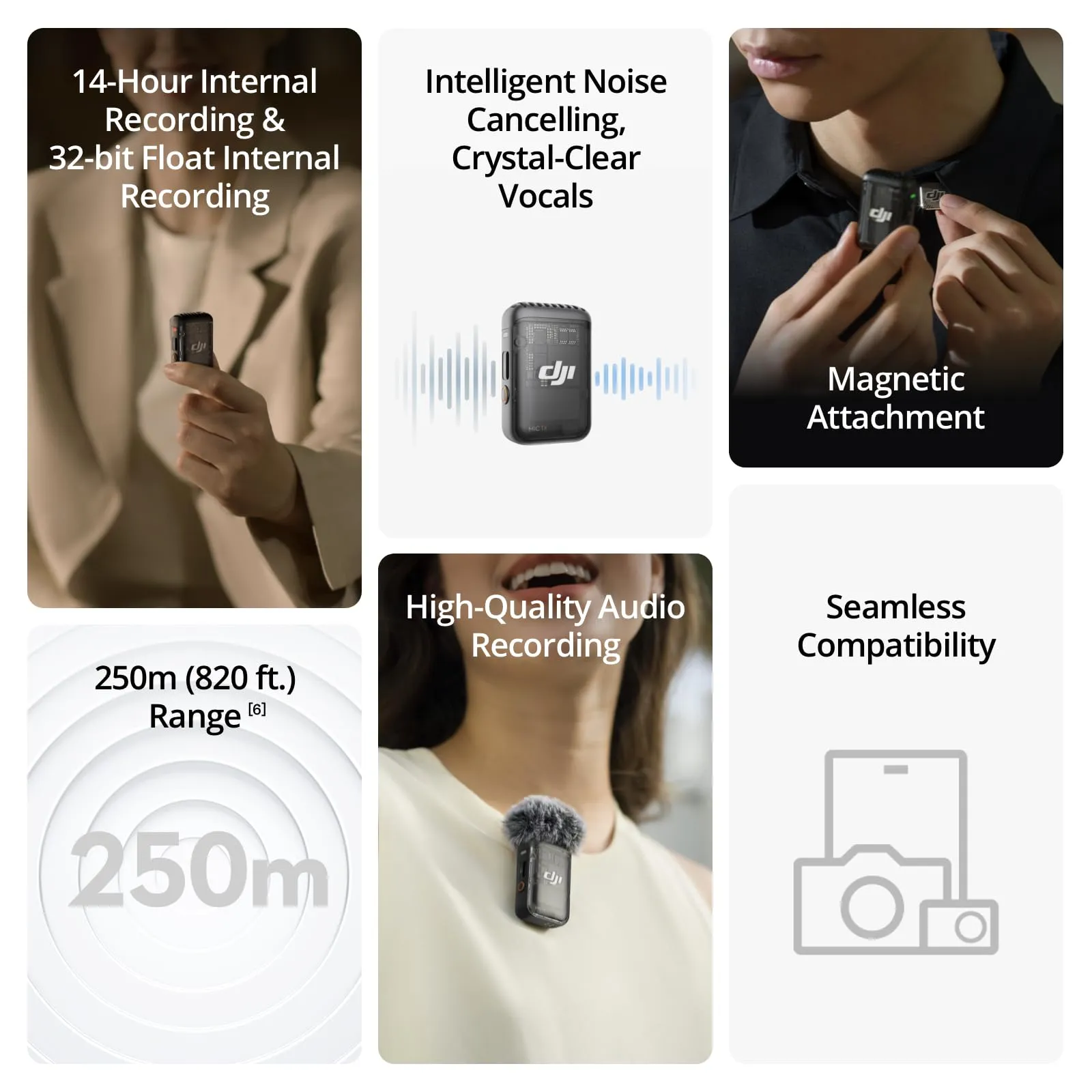 DJI Mic 2 (1 TX   1 RX), Wireless Microphone with Intelligent Noise Cancelling, 32-bit Float Internal Recording, Optimized Sound, 250m (820 ft.) Range, Microphone for iPhone, Android, Camera, Vlogs