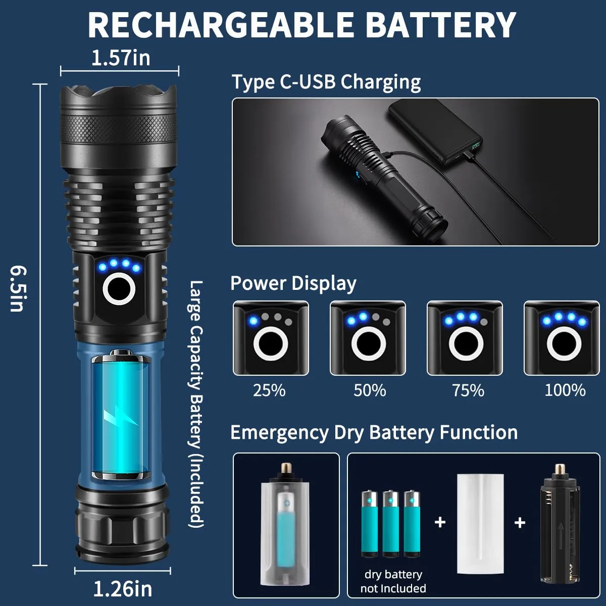 Flashlights High Lumens Rechargeable, 2Pack Rechargeable Flashlights, 900000lm Super Bright Flashlight, 5Mode Tactical Flashlights High Lumens, LED Flashlight High Powered, Waterproof Flash Light LED