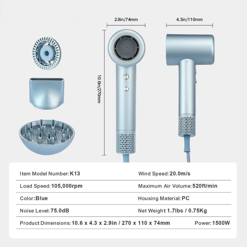 High-Speed Hair Dryer with 105,000RPM Motor & LCD Thermo-Control