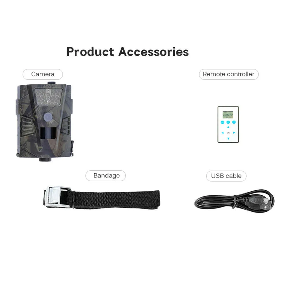 HT001 Outdoor Hunt-ing Trial Camera with Remote Control Scouting Video Camera Adopted Sensitive PIR Infrared Sensor VGA AA Batter-y Operated USB Cable IP54 Water Resistance for Sport Cycling