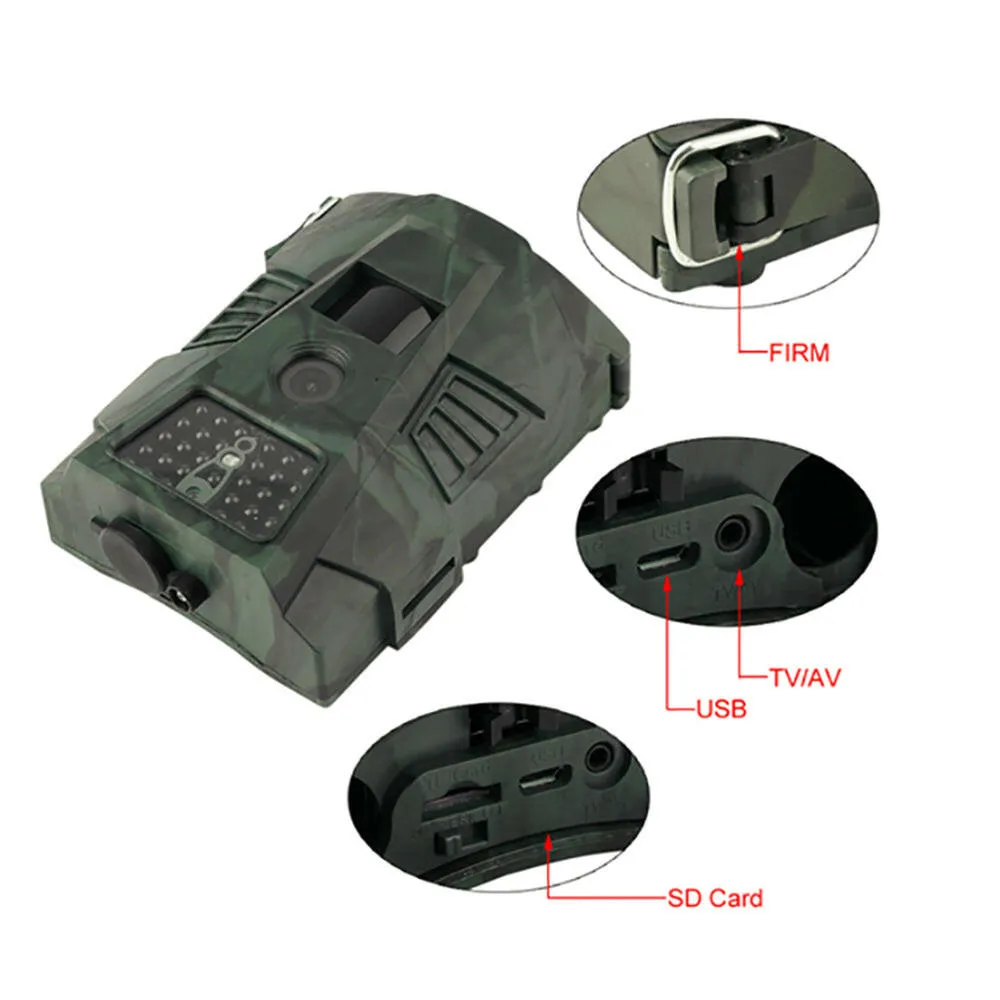 HT001 Outdoor Hunt-ing Trial Camera with Remote Control Scouting Video Camera Adopted Sensitive PIR Infrared Sensor VGA AA Batter-y Operated USB Cable IP54 Water Resistance for Sport Cycling