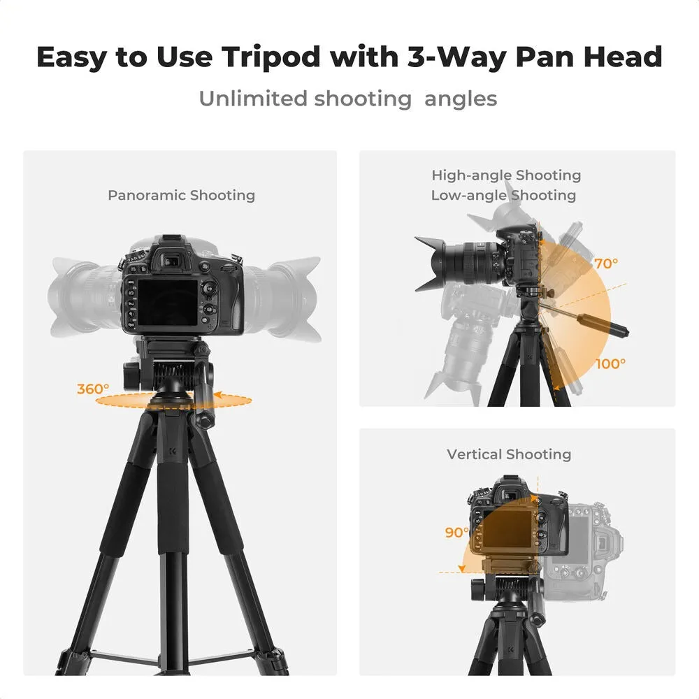 K&F Concept S255A3 BV01 (190cm) 3-Way Pan/Tilt Head Aluminum Tripod with 2-in-1 Tablet   Smartphone Holder & Bluetooth Remote for Cameras, Studio Lightning, Photography, Vlogging & Live Streaming