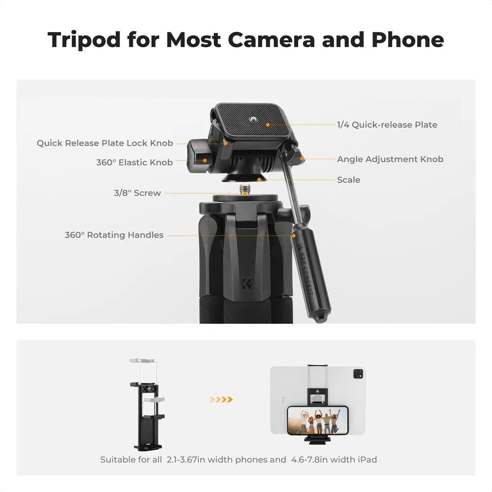 K&F Concept S255A3 BV01 (190cm) 3-Way Pan/Tilt Head Aluminum Tripod with 2-in-1 Tablet   Smartphone Holder & Bluetooth Remote for Cameras, Studio Lightning, Photography, Vlogging & Live Streaming