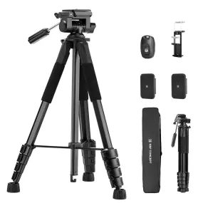 K&F Concept S255A3 BV01 (190cm) 3-Way Pan/Tilt Head Aluminum Tripod with 2-in-1 Tablet   Smartphone Holder & Bluetooth Remote for Cameras, Studio Lightning, Photography, Vlogging & Live Streaming