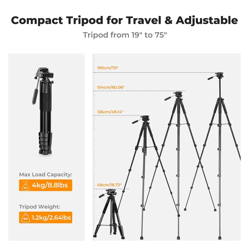 K&F Concept S255A3 BV01 (190cm) 3-Way Pan/Tilt Head Aluminum Tripod with 2-in-1 Tablet   Smartphone Holder & Bluetooth Remote for Cameras, Studio Lightning, Photography, Vlogging & Live Streaming