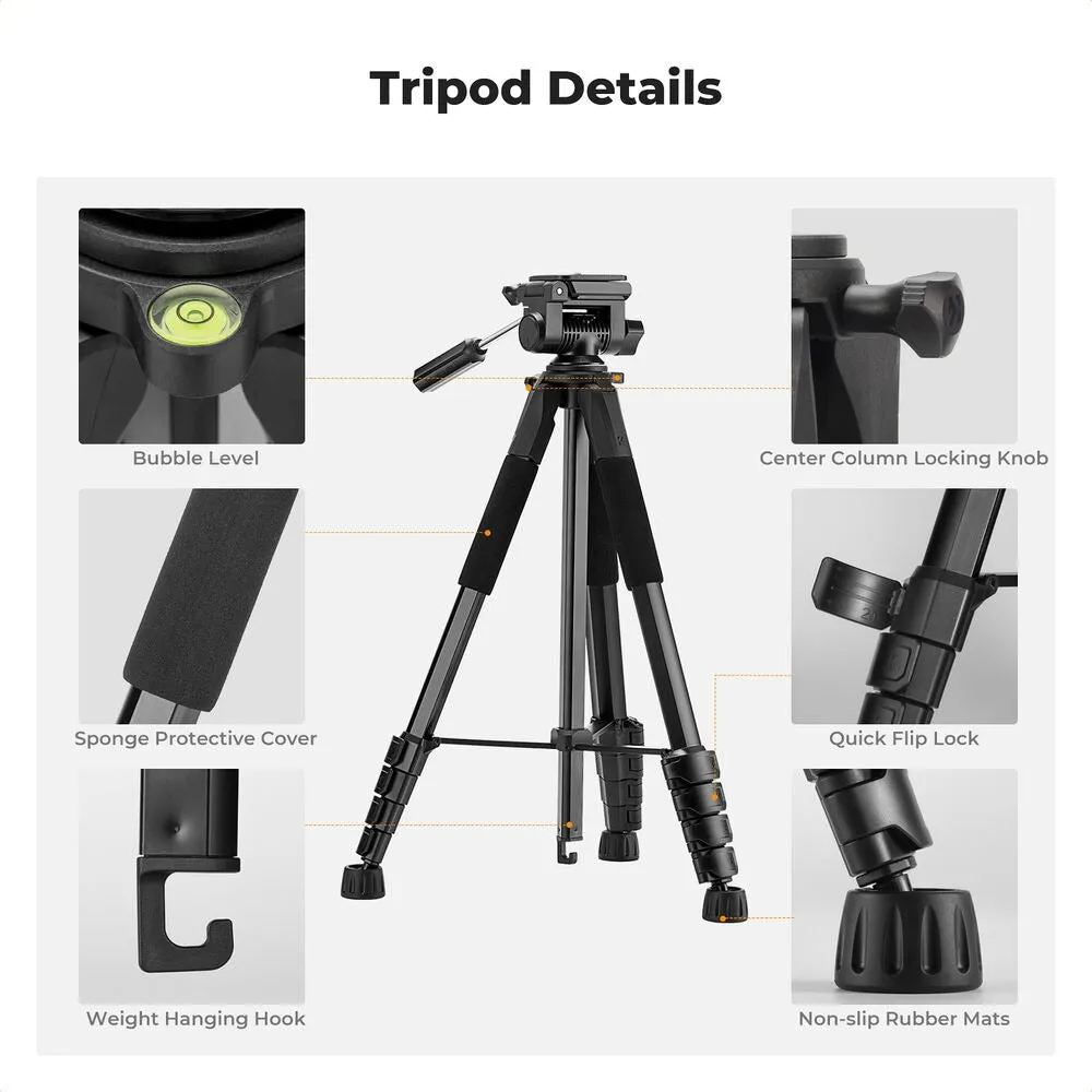 K&F Concept S255A3 BV01 (190cm) 3-Way Pan/Tilt Head Aluminum Tripod with 2-in-1 Tablet   Smartphone Holder & Bluetooth Remote for Cameras, Studio Lightning, Photography, Vlogging & Live Streaming