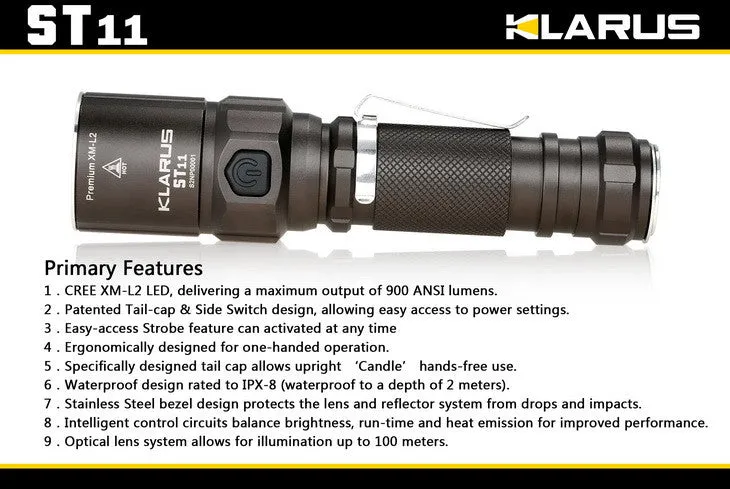 Klarus ST11 LED Flashlight with CREE XM-L2 U2 LED - 900 Lumens