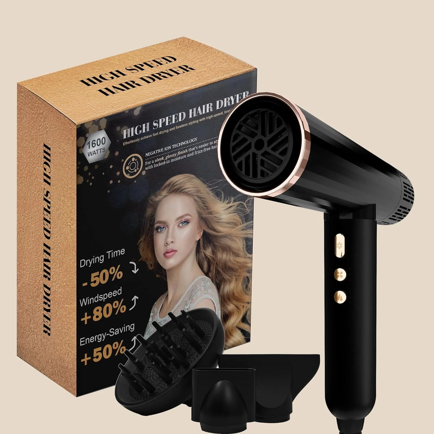 Nicebay DW-9041 Ionic Professional Hair Dryer with 3 Attachments with Diffuser (Refurbished)