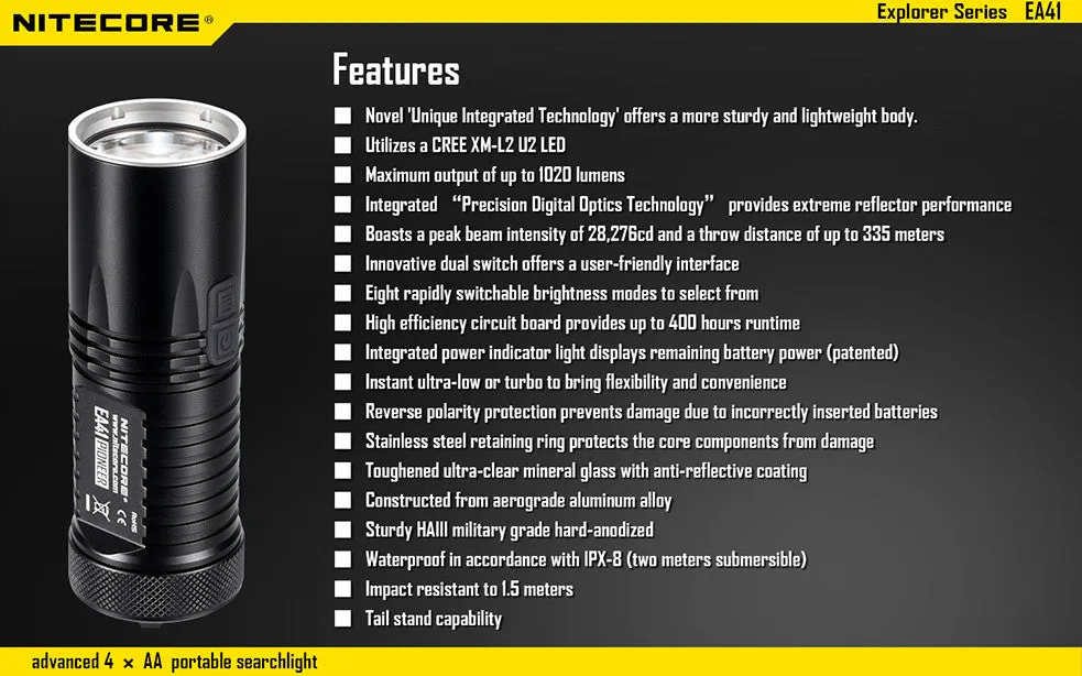 NiteCore EA41 2015 Version 1020 Lumen CREE XM-L2 LED Flashlight