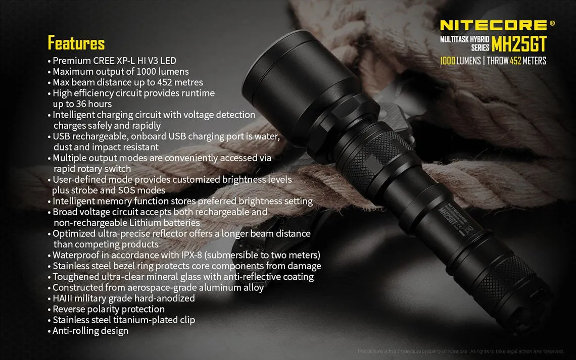 Nitecore MH25GT Rechargeable LED Flashlight 1000 Lumens