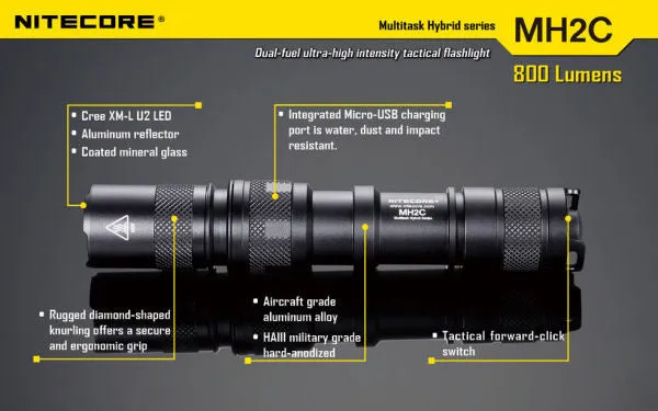 NITECORE MH2C CREE XM-L U2 LED 800 Lumen Rechargeable flashlight