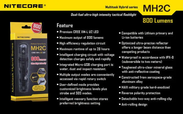 NITECORE MH2C CREE XM-L U2 LED 800 Lumen Rechargeable flashlight