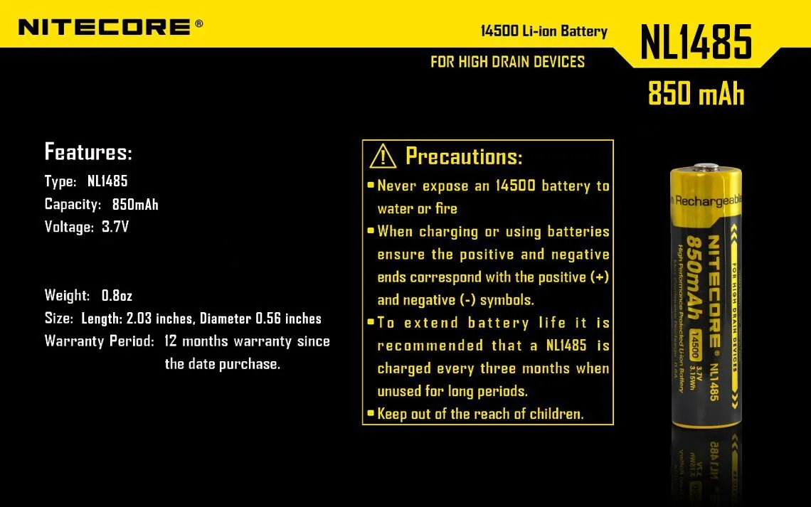 NiteCore NL1485 14500 850mAh Li-on Rechargeable Battery