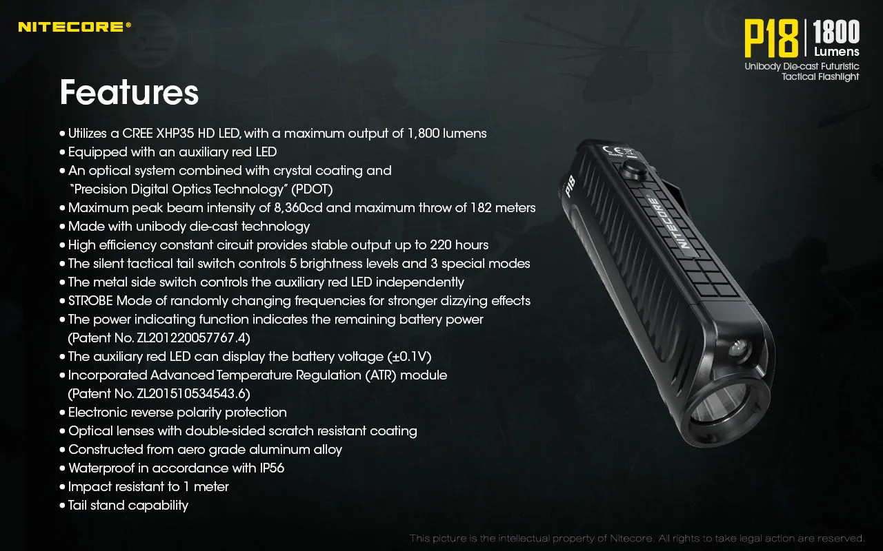 Nitecore P18 Unibody Die-cast Futuristic Tactical Flashlight - 1800 Lumen   Nitecore UI1 USB charger