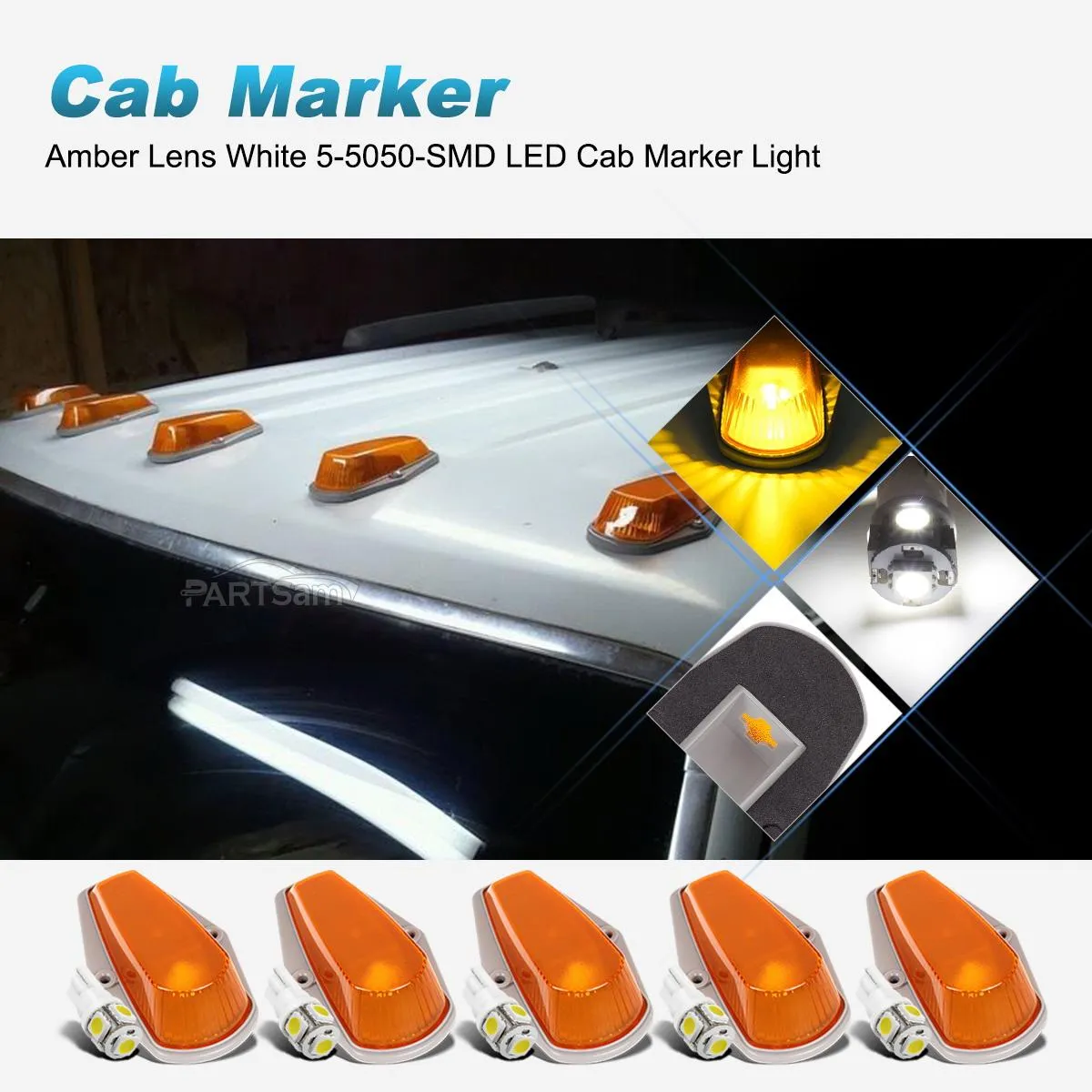Partsam 5pcs Top Cab Marker Roof Running Light Amber Cover Lens 15442   5X 5050 T10 194 LED Bulbs Compatible with Ford F-150 F-250 F-350 1973-1997 F Series Pickup Super Duty Trucks.