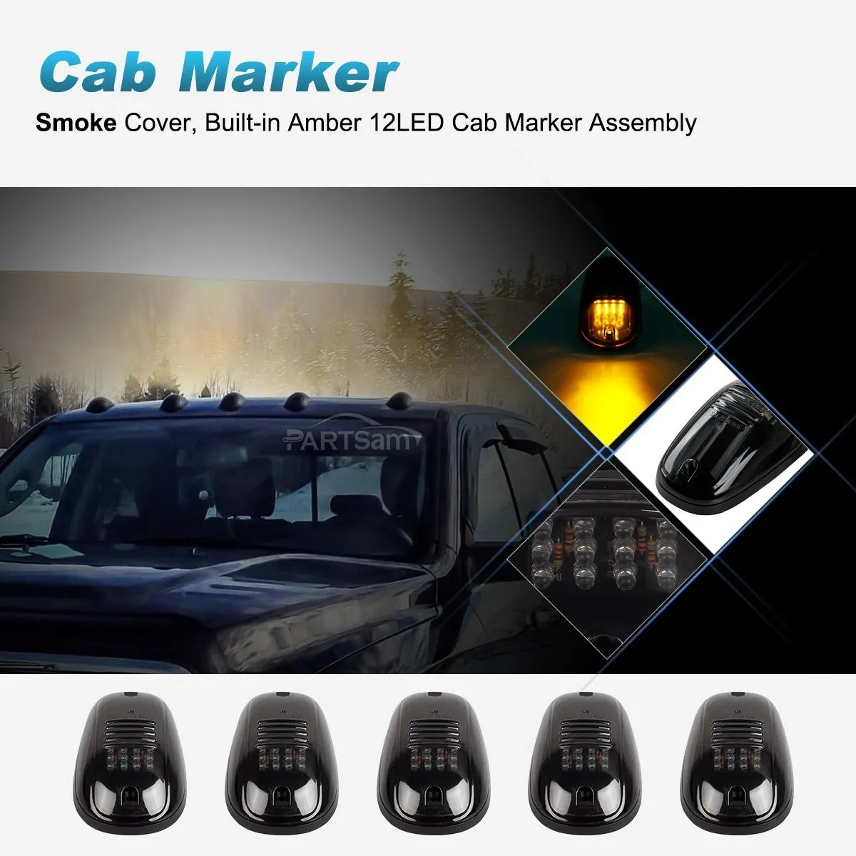 Partsam 5X Amber 24 LED Smoke Cab Roof Running Top Marker Lights 264146BK Assembly Wire Harness Replacement for 1500 2500 3500 4500 5500 2003-2018 Pickup Trucks