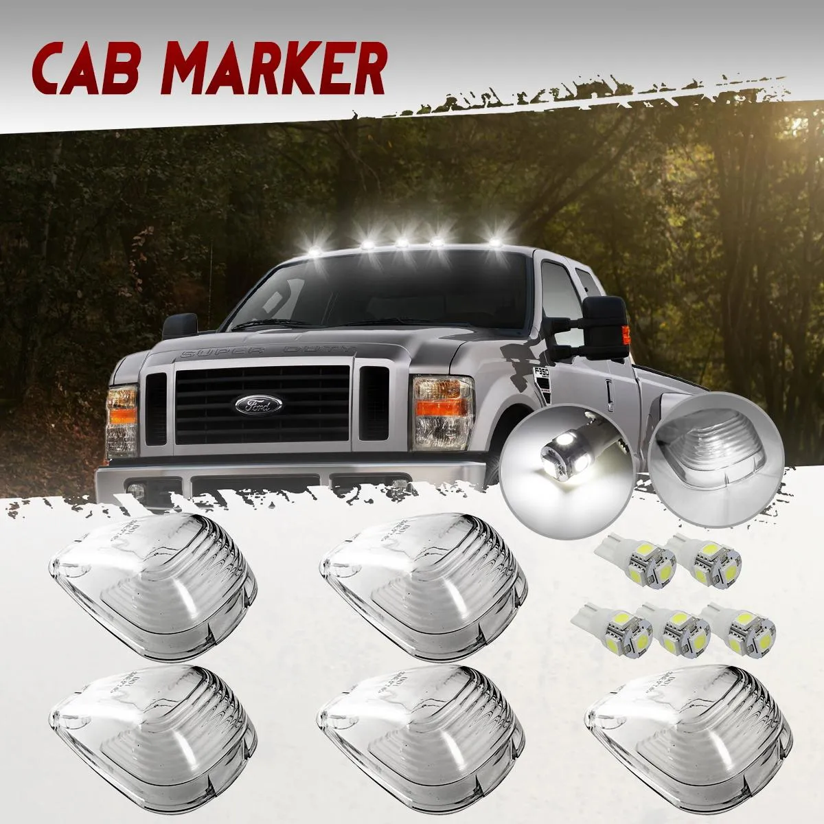 Partsam 5X Clear Cab Marker Light   5X White 5050-SMD 194 168 T10 LED Bulb Compatible with Ford E150 E250 E350 E450 F150 F250 F350 F450 F550 Super Duty Pickup Trucks 1999-2016