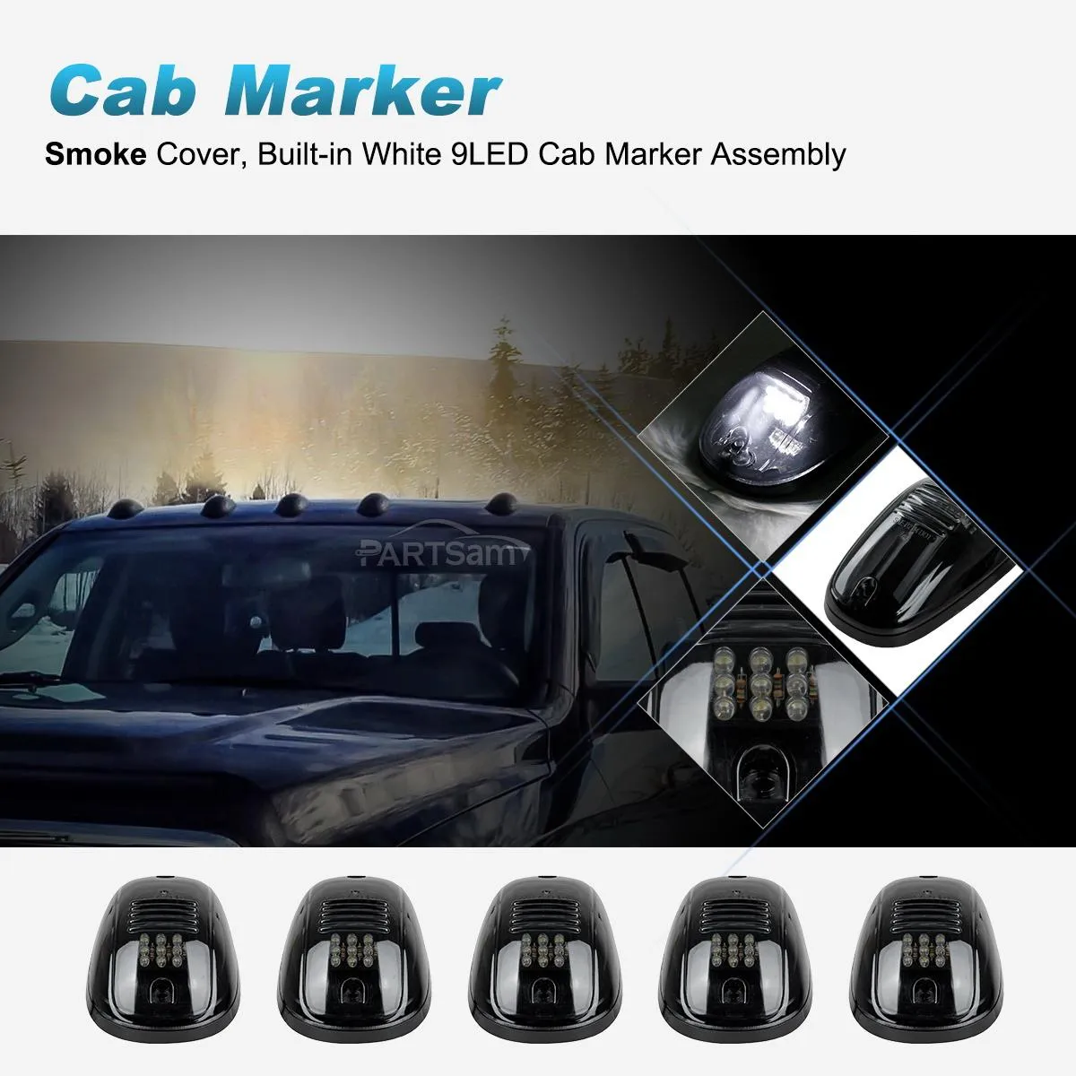 Partsam LED Cab Lights 5PCS Smoke Cab Marker Roof Running Lights Top White 9 LED Assembly Replacement for Dodge Ram 1500 2500 3500 4500 5500 2003-2018 Pickup Trucks RVs