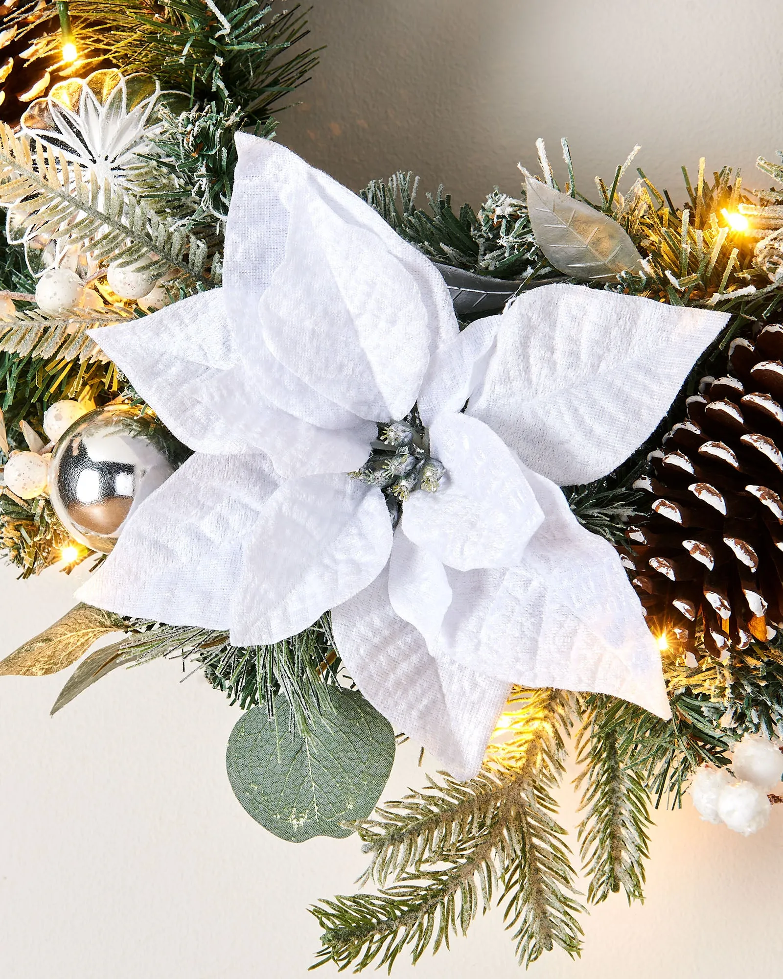 Pre-Lit Decorated Frosted Wreath, White/Silver, 60 cm