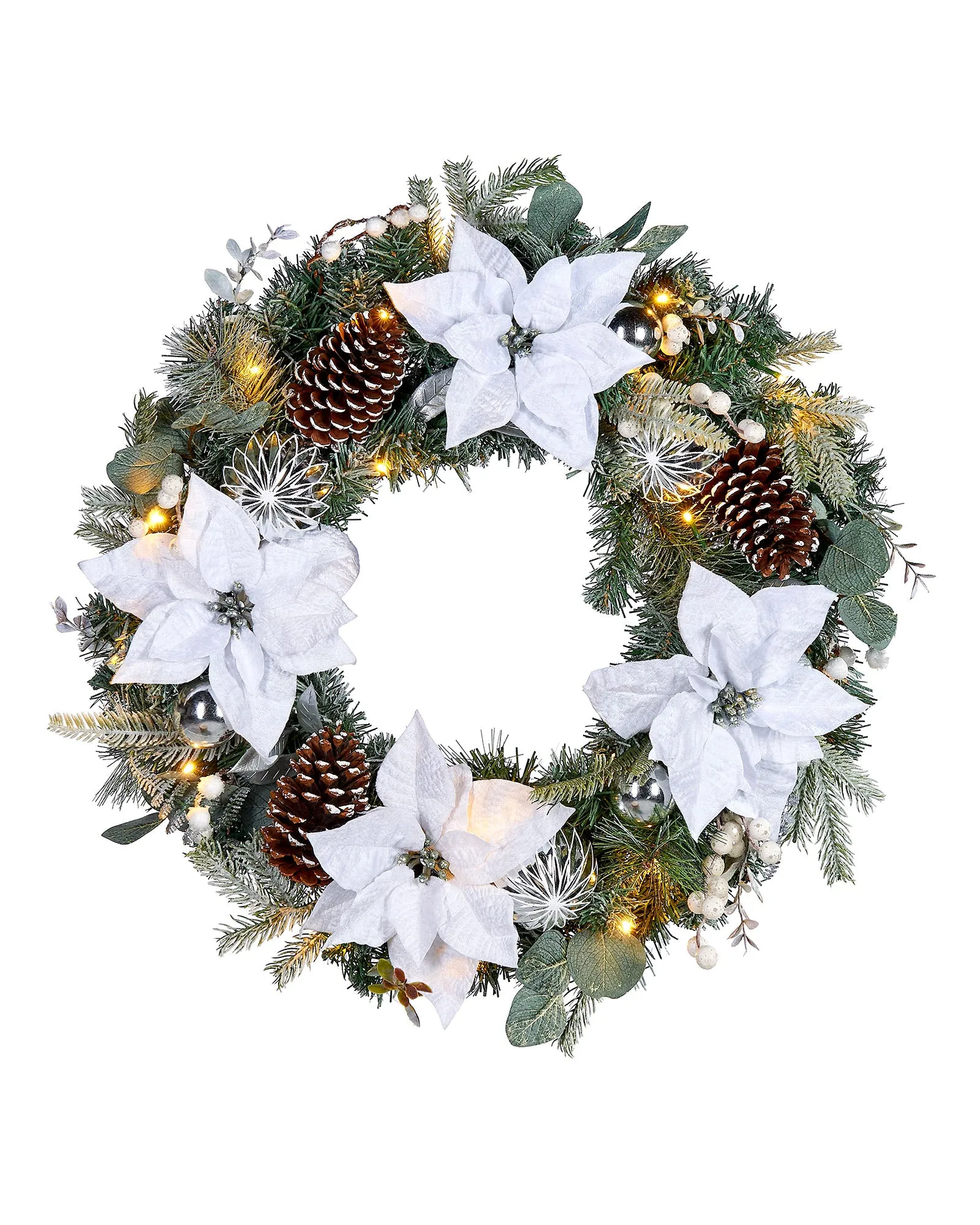 Pre-Lit Decorated Frosted Wreath, White/Silver, 60 cm