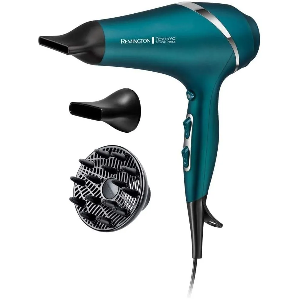 Remington Advanced Coconut Therapy Hair Dryer (Infused with Coconut and UV Filters to Nourish Hair, Smooth and Shiny Results, Powerful, Fast, Diffuser, 2 Concentrators, Diffuser, Ionic, 2300W) AC8648