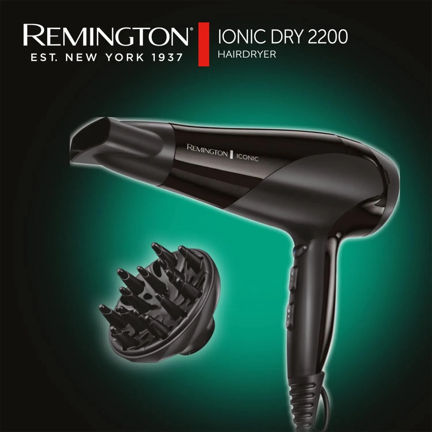 Remington D3198 Ionic Hair Dryer - 2200W, Fast Professional Styling, Diffuser & Concentrator, 3 Heat/2 Speed Settings, Cool Shot - Black