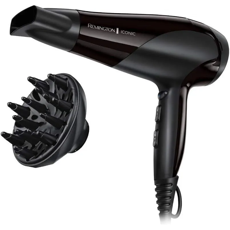 Remington D3198 Ionic Hair Dryer - 2200W, Fast Professional Styling, Diffuser & Concentrator, 3 Heat/2 Speed Settings, Cool Shot - Black