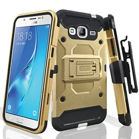 Samsung Galaxy J3 Case, Galaxy Sky, Galaxy Express Prime Case, Galaxy Sol, Galaxy Amp Prime, J3 V Hybrid Holster Tri-Layer Protector Case [Kickstand][Belt Swivel Clip] - Gold