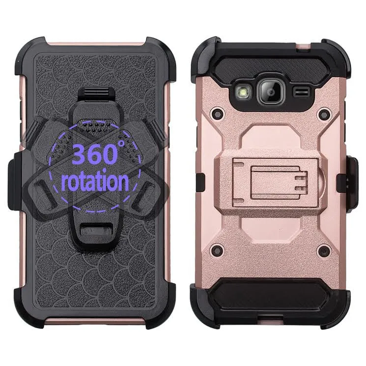 Samsung Galaxy J3 Case, Galaxy Sky, Galaxy Express Prime Case, Galaxy Sol, Galaxy Amp Prime, J3 V Hybrid Holster Tri-Layer Protector Case [Kickstand][Belt Swivel Clip] - Rose Gold