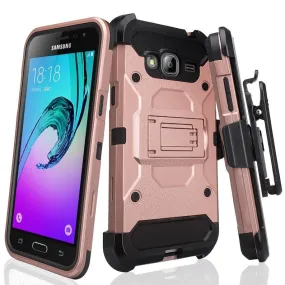 Samsung Galaxy J3 Case, Galaxy Sky, Galaxy Express Prime Case, Galaxy Sol, Galaxy Amp Prime, J3 V Hybrid Holster Tri-Layer Protector Case [Kickstand][Belt Swivel Clip] - Rose Gold