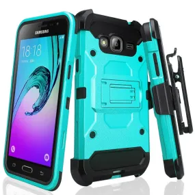 Samsung Galaxy J3 Case, Galaxy Sky, Galaxy Express Prime Case, Galaxy Sol, Galaxy Amp Prime, J3 V Hybrid Holster Tri-Layer Protector Case [Kickstand][Belt Swivel Clip] - Teal