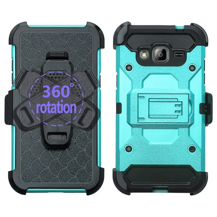 Samsung Galaxy J3 Case, Galaxy Sky, Galaxy Express Prime Case, Galaxy Sol, Galaxy Amp Prime, J3 V Hybrid Holster Tri-Layer Protector Case [Kickstand][Belt Swivel Clip] - Teal