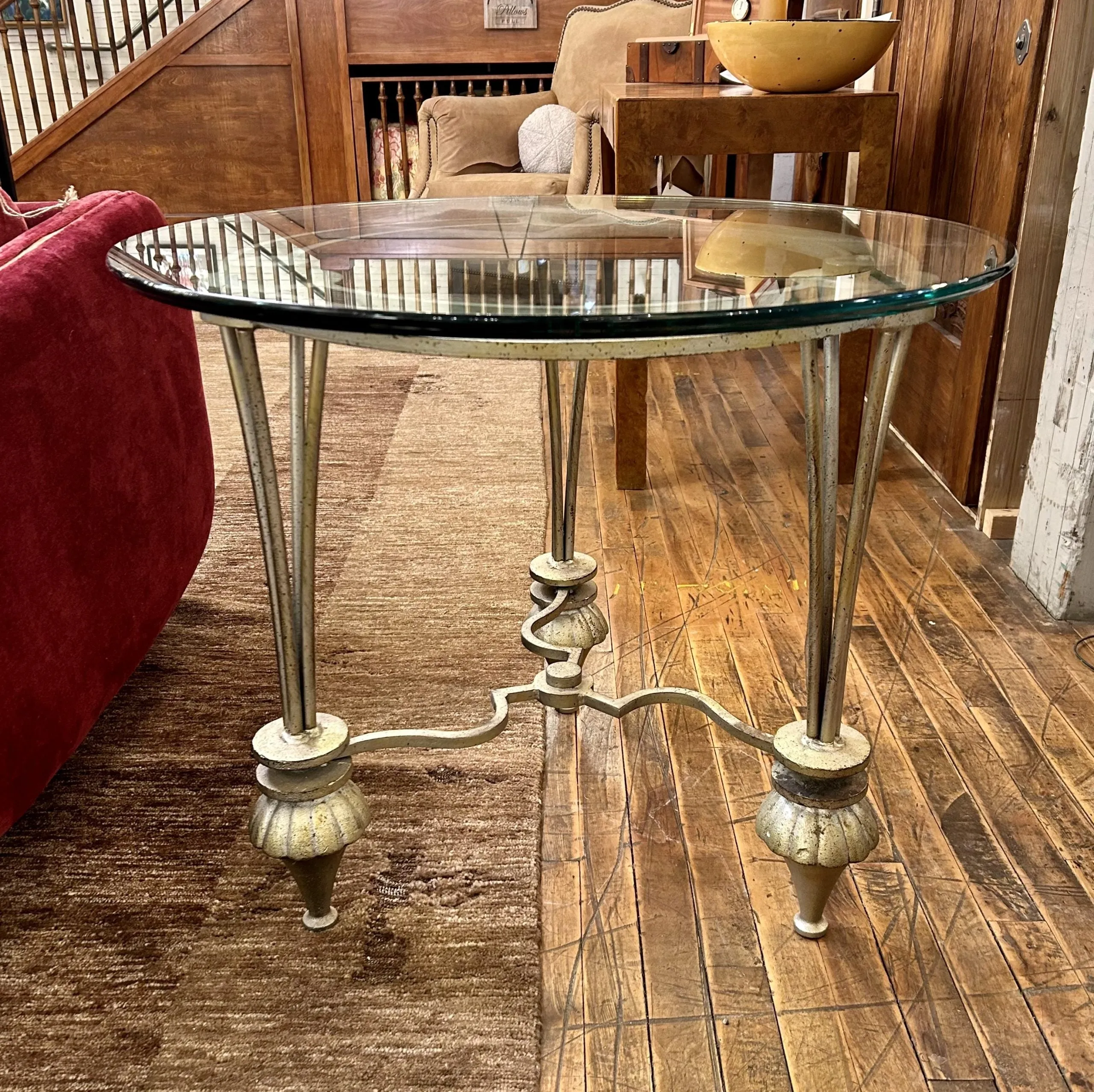 Side Table, Beveled Glass Top, Glazed Solid Iron Frame